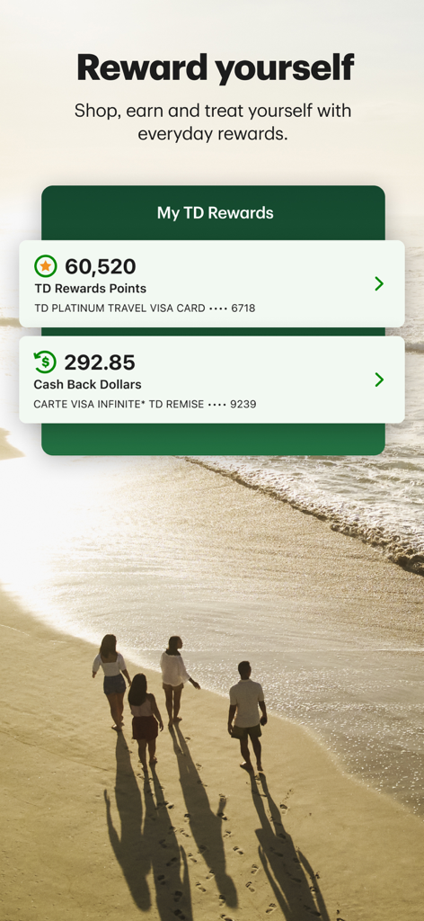 TD Canada App-Oberfläche mit Prämienpunkten und Cash-Back-Guthaben