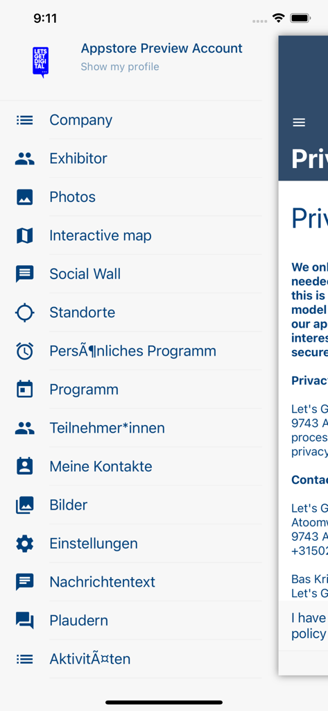 Navigation sidebar menu of the FI-TS Events app showing corporate event features and networking options