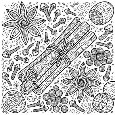 Dive into a world of flavor and intricate detail with this stunning Zentangle spices coloring page. Discover beautifully patterned cinnamon sticks, star anise, and cloves, offering a unique and calming creative escape.