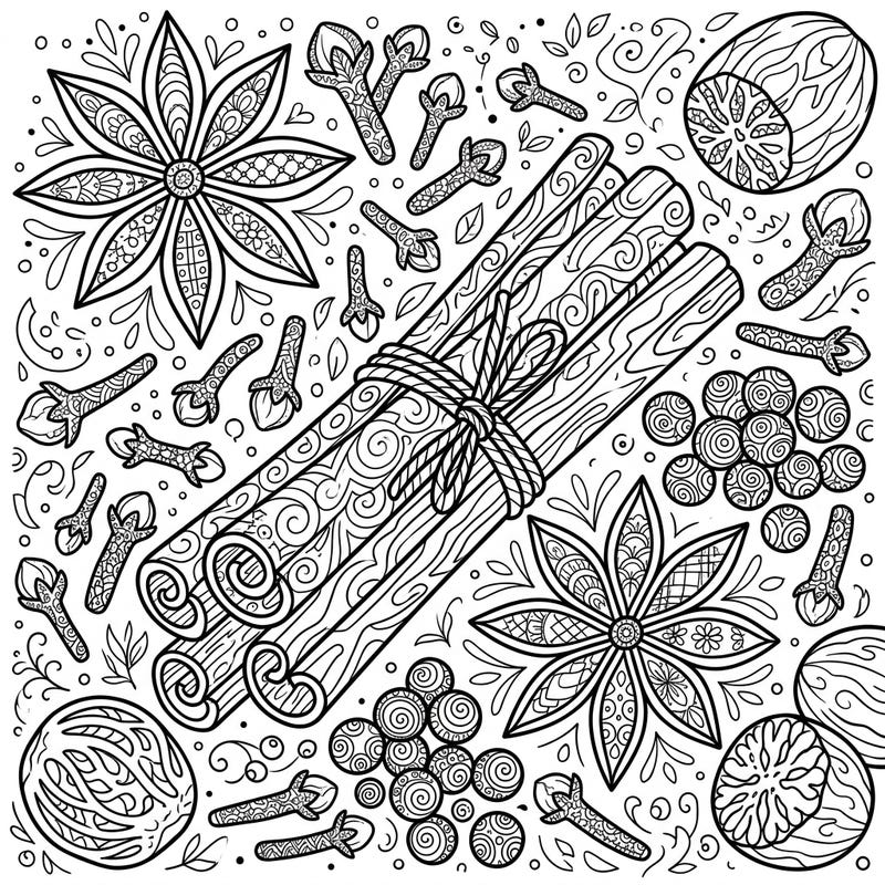 Dive into a world of flavor and intricate detail with this stunning Zentangle spices coloring page. Discover beautifully patterned cinnamon sticks, star anise, and cloves, offering a unique and calming creative escape.