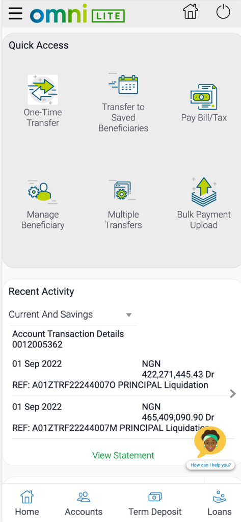 Ecobank Omni Lite - Tableau de bord de l'application Ecobank Omni Lite montrant un accès rapide aux fonctionnalités bancaires et à l'historique des transactions récentes.