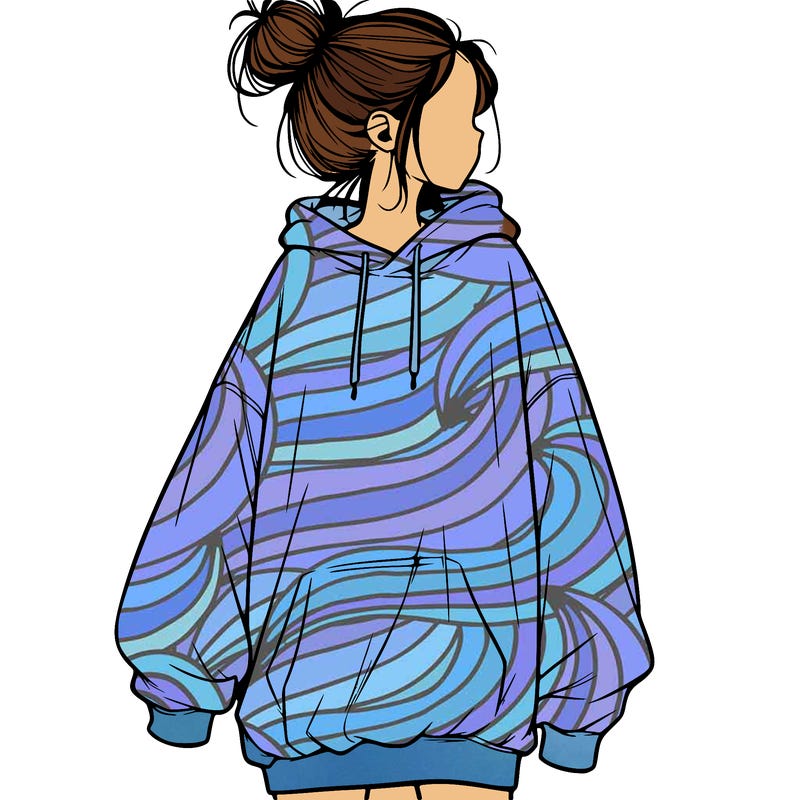 realistic girl with a oversized sweatshirt on and a bun