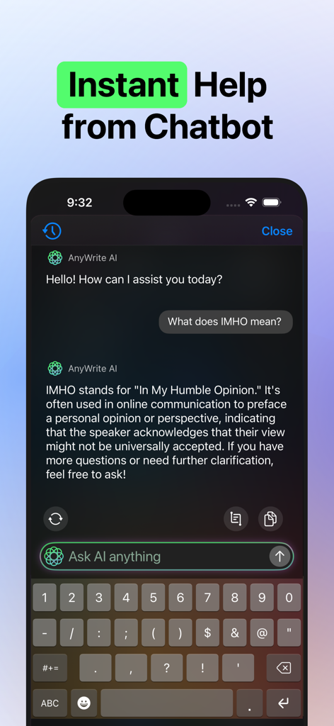 L'application de clavier IA AnyWrite montrant un chatbot intégré répondant à une question pour une aide instantanée.