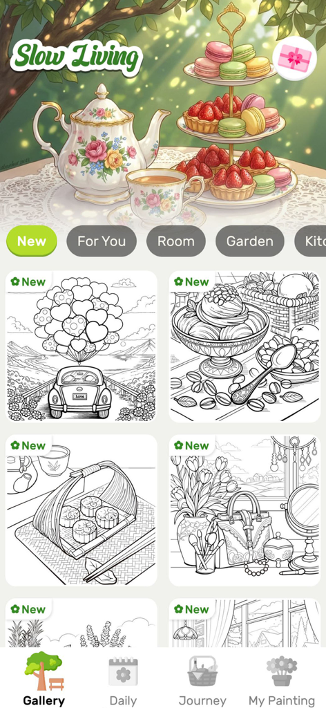 App-Oberfläche des Slow Living Malbuchs, die eine Galerie von noch nicht ausgemalten Strichzeichnungen und Kategorienauswahl-Tabs zeigt.