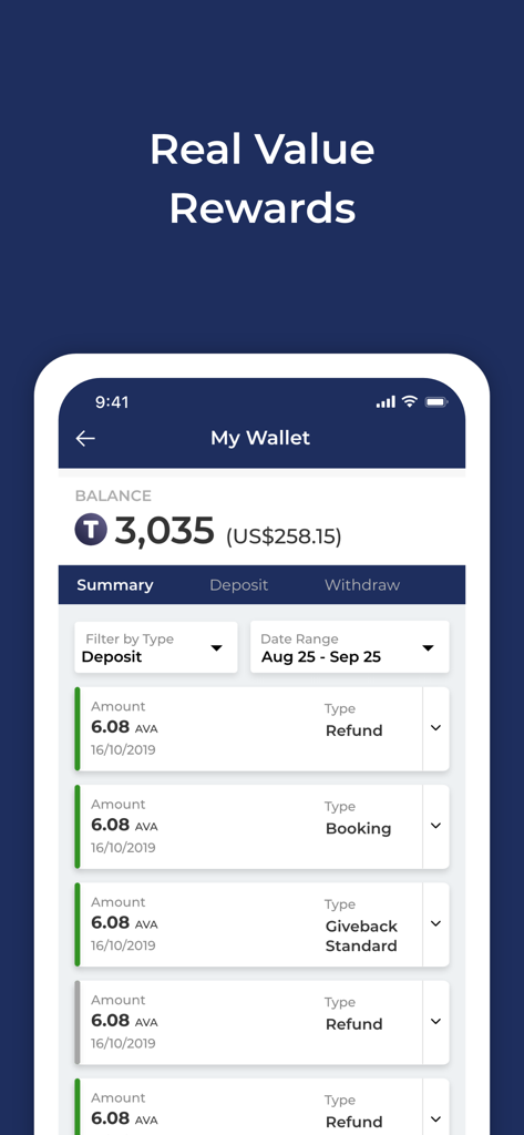 Travala app wallet interface showing AVA token balance and reward history