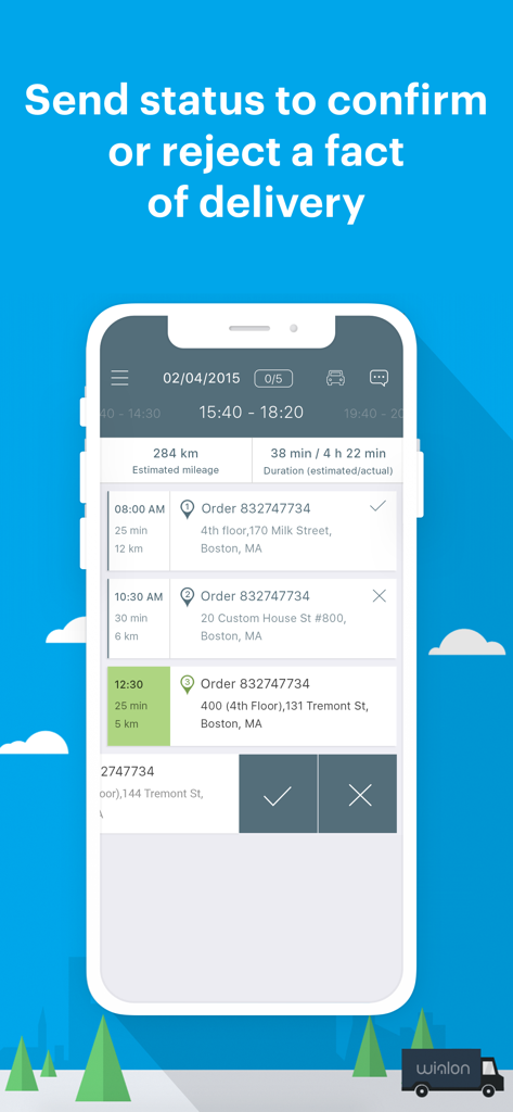 Ecrã da app Logistics Mobile que mostra uma lista de encomendas com opções de confirmação de estado e rejeição