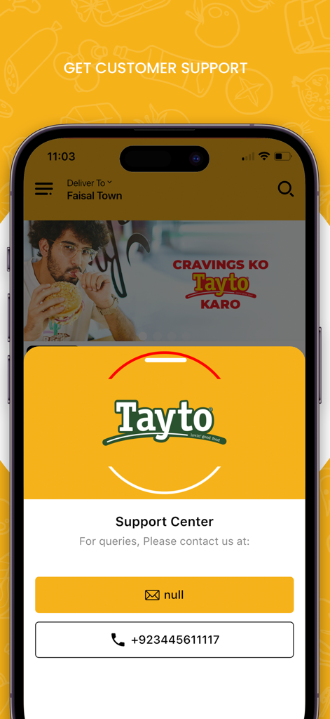 Tayto Cafe - Tayto Cafe mobile app support center screen showing phone and email contact options for customer assistance
