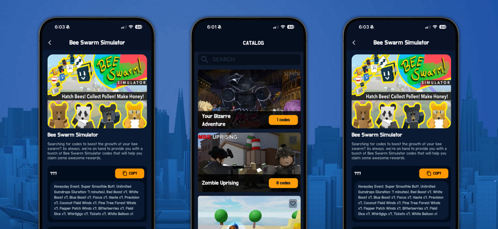 Game Codes for Roblox • - Capturas de pantalla de la aplicación Códigos de Juegos para Roblox mostrando un catálogo de juegos y códigos promocionales específicos para Bee Swarm Simulator.