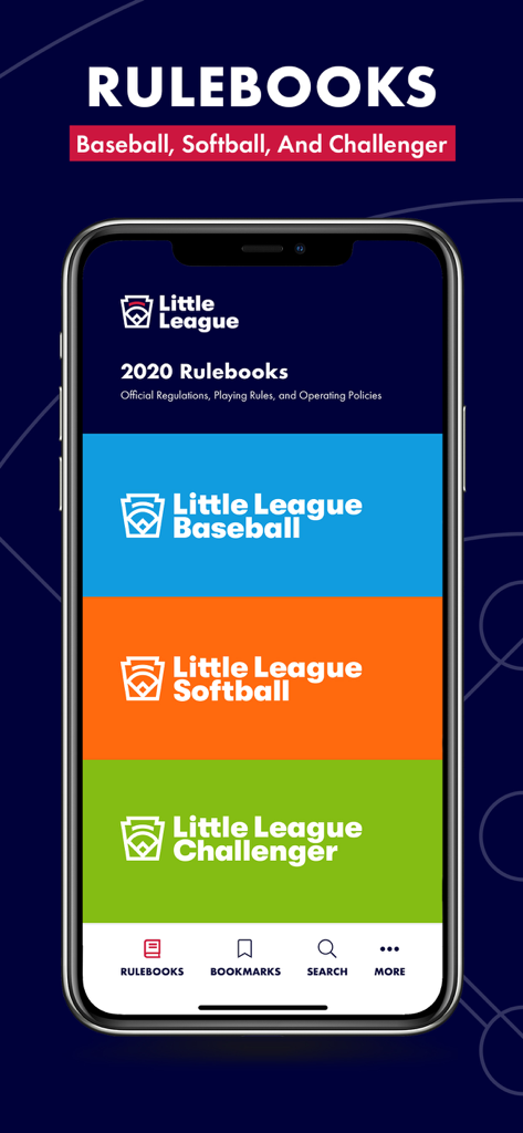 Little League Rulebook - Home screen of the Little League Rulebook app showing menu options for baseball softball and challenger divisions