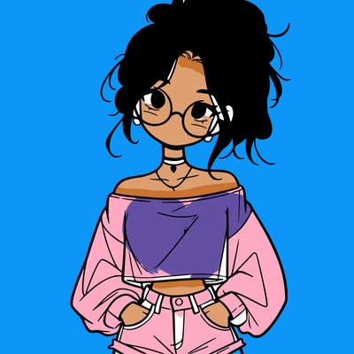 girl with a messy ponytail glasses a baggy crop top and jean shorts