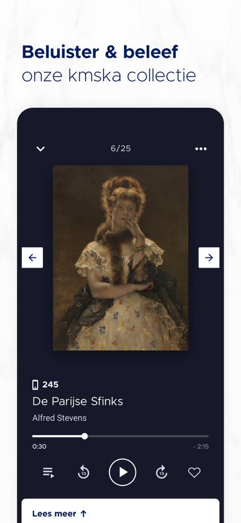 Mobile audio tour screen in the KMSKA app featuring Alfred Stevens painting De Parijse Sfinks with playback controls