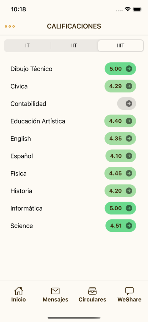 SEDUCA - Students - Academic grades screen in the SEDUCA Students app showing subjects and scores