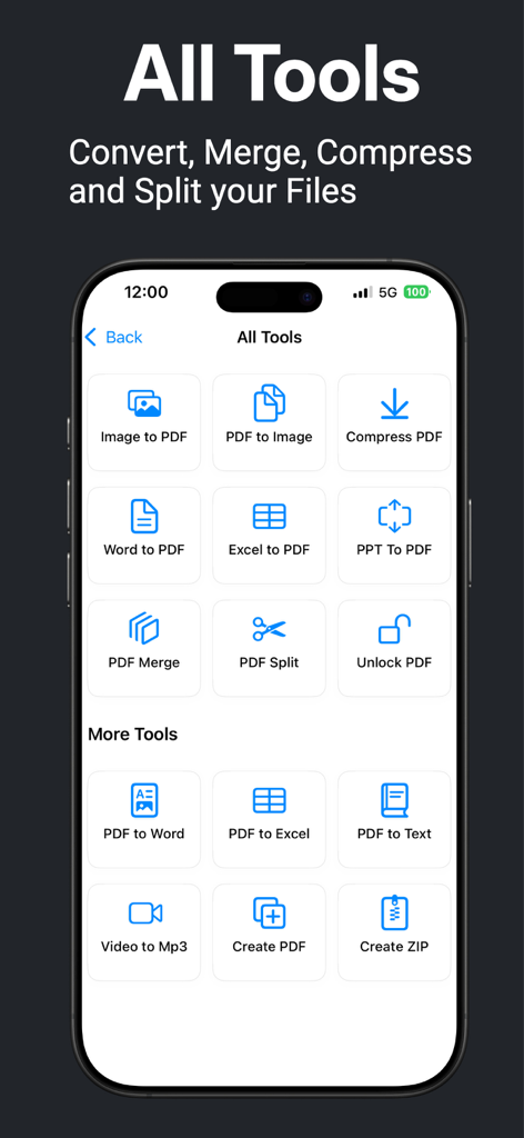 File Doctor - Interfaz de la aplicación File Doctor que muestra herramientas de conversión de documentos para archivos PDF, Word, Excel y ZIP