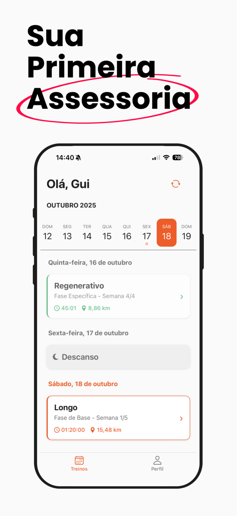 Zyla - Corrida com IA - Interface do aplicativo Zyla exibindo um cronograma de corrida semanal personalizado com treinos de recuperação e corrida longa.