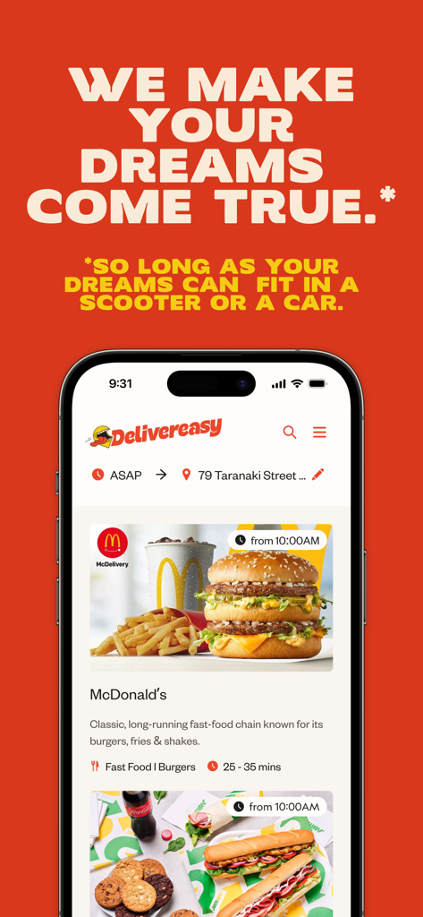 Delivereasy mobile app screen displaying McDonald's delivery options with a catchy marketing slogan