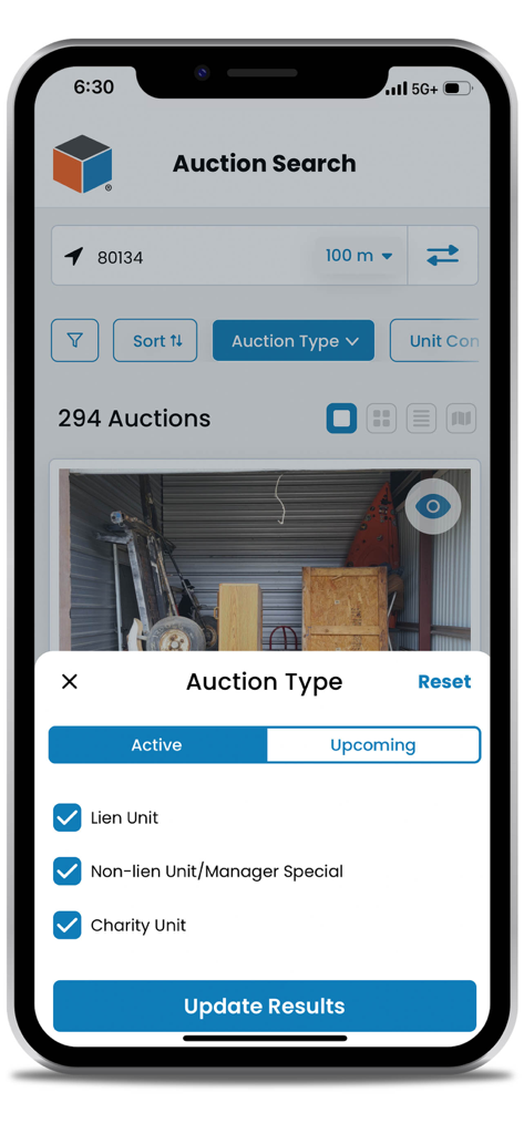 StorageTreasures app search screen showing auction type filters for lien and charity storage units