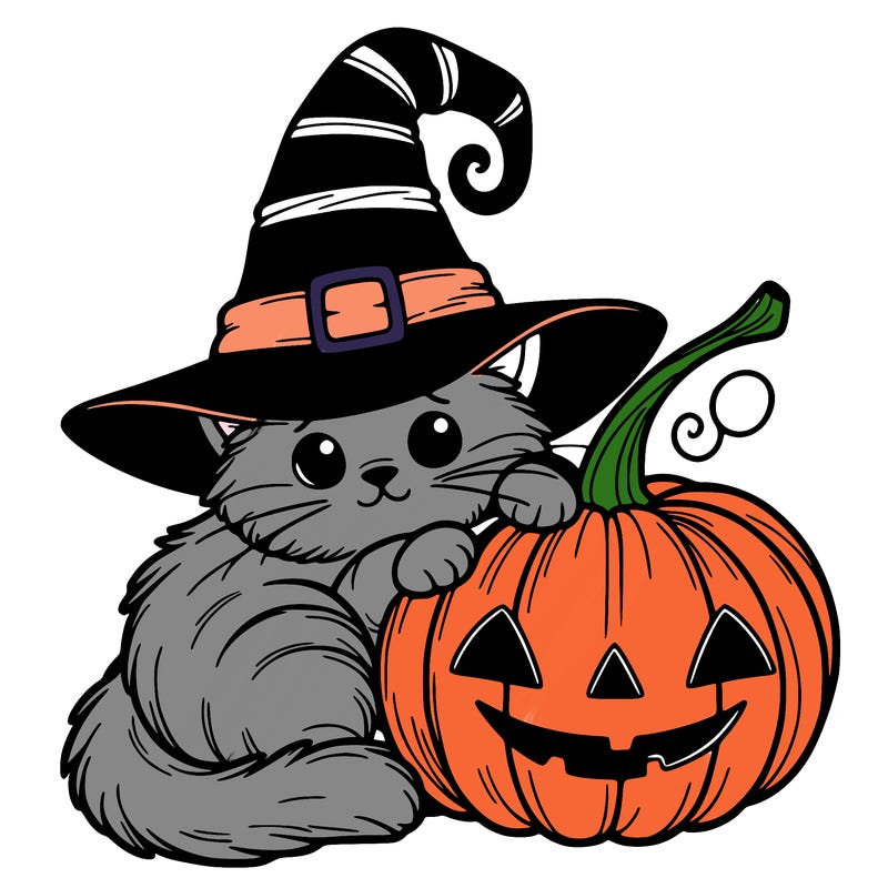 a cat with a witch's hat curled around a pumpkin