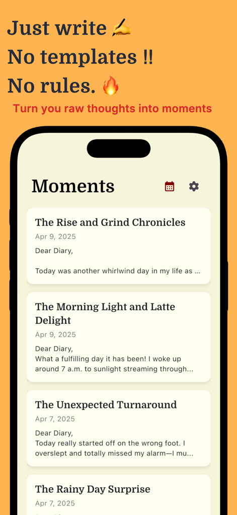 AI Journal & Diary - Reflect - Una captura de pantalla de una aplicación móvil que muestra una lista de entradas de diario diarias bajo el título Momentos en la aplicación Reflect AI Journal.