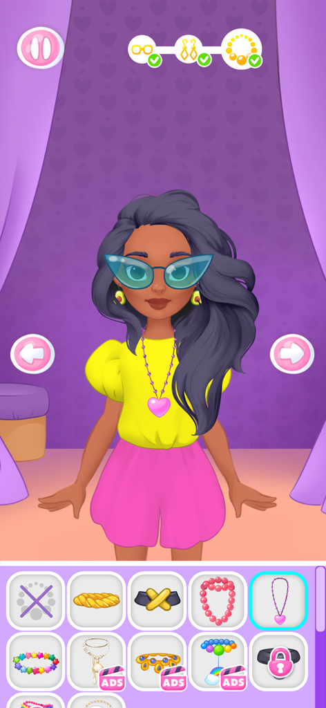 Doll Dress Up & Makeup Games 8 - Uma boneca da moda com óculos de sol azul-petróleo e um colar de coração sendo estilizada em um jogo de vestir.