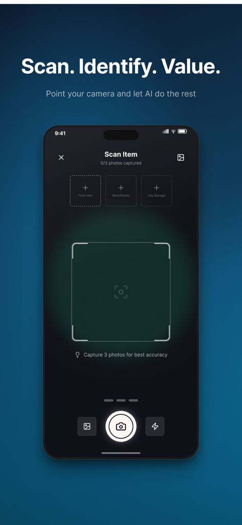 Value Scout - Value Scout app interface showing the AI powered scanning screen to identify and value items