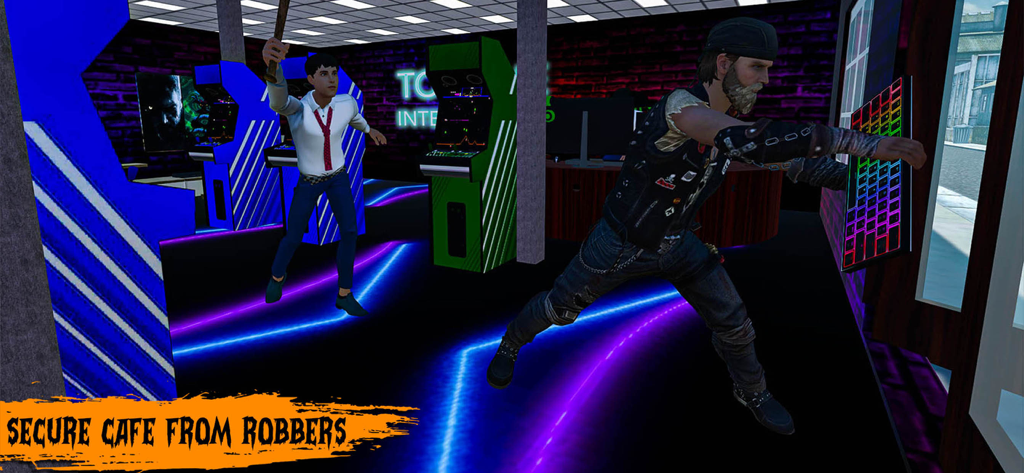 Internet Cyber Cafe Simulator - El propietario de una cafetería persiguiendo a un ladrón que está robando un teclado en una cafetería de juegos iluminada con neón