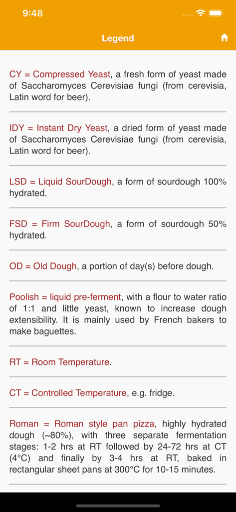 PizzApp+ - Legend screen explaining pizza dough technical terms and abbreviations
