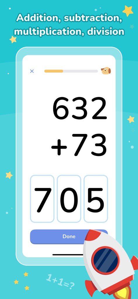 Math Games Rocket Learning - Child learning math through an addition problem interface with a rocket theme