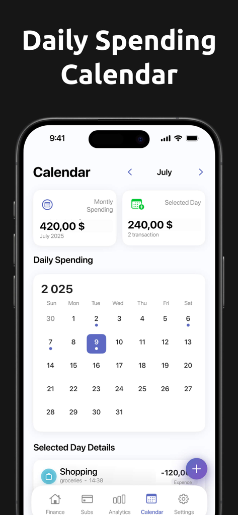 Tägliche Ausgabenkalenderansicht in der mobilen Budget Planer und Tracker App, die monatliche und tägliche Ausgabenübersichten anzeigt