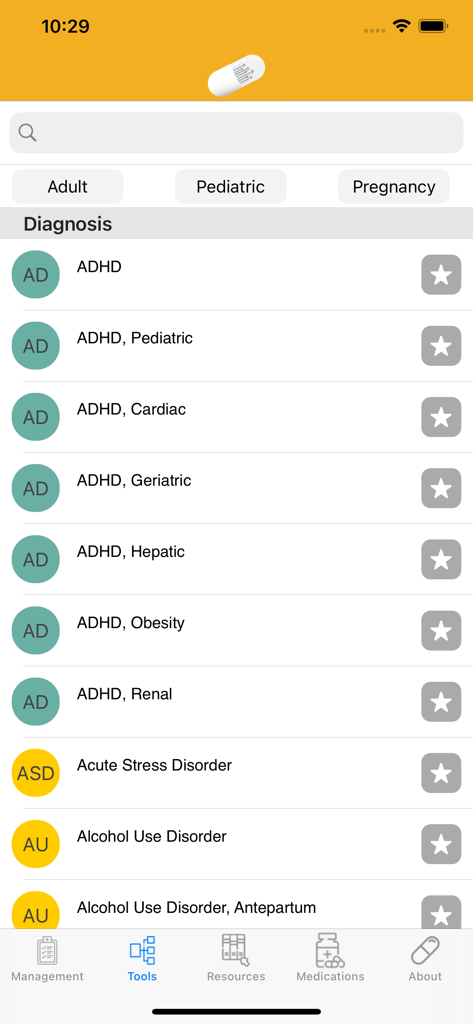 Waco Guide app interface showing a list of psychopharmacology tools for diagnoses like ADHD and Alcohol Use Disorder across different patient populations.