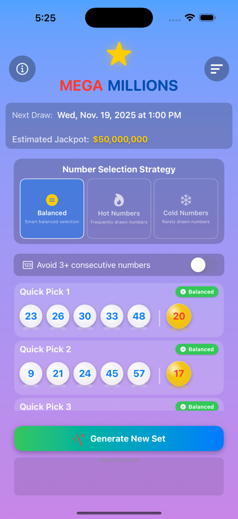 QuickPick Lottery - Interface of QuickPick Lottery app displaying generated Mega Millions numbers and selection strategy options
