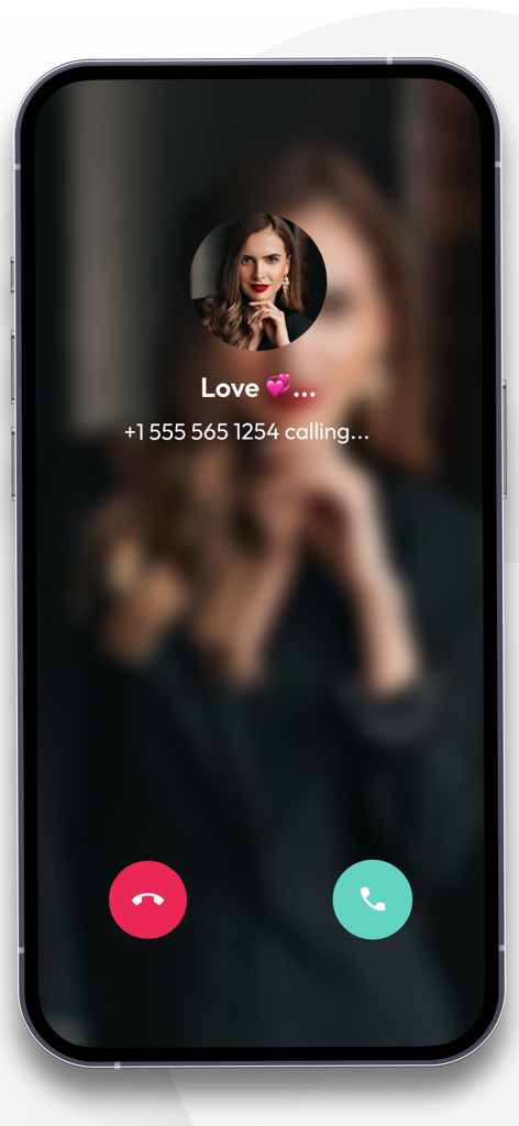 Schermata di chiamata in arrivo su un iPhone da un contatto di nome Love che utilizza un'app per un secondo numero di telefono.