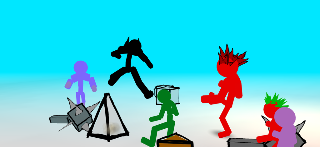 Stickman Street Fighting - Multiple colored stickman characters in a fighting arena with various obstacles