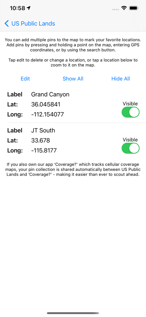 Interface for managing saved map pins with labels and GPS coordinates in the US Public Lands app.