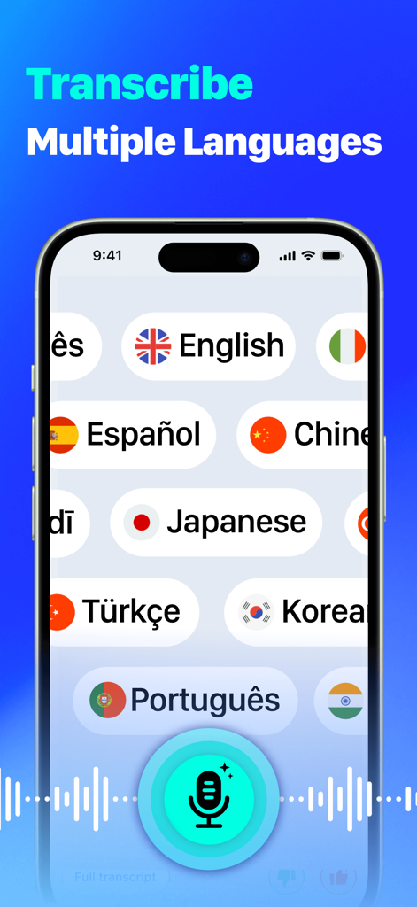 AI Meeting Notes: Auto Summary - iPhone画面には、英語、スペイン語、日本語など、AI音声文字起こしの複数言語オプションが表示されています。