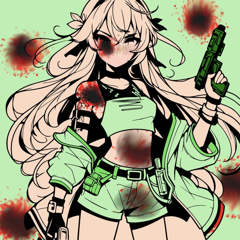 bad girl wearing crop top holding a gun long hair anime