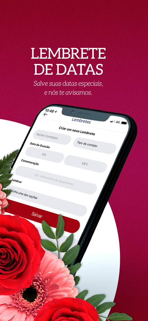 Giuliana Flores - Interface do aplicativo Giuliana Flores mostrando o recurso de lembrete de data para ocasiões especiais com decorações florais