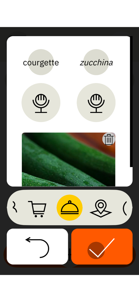 Calepino - Calepino app screen showing a visual dictionary card with bilingual text and audio recording icons