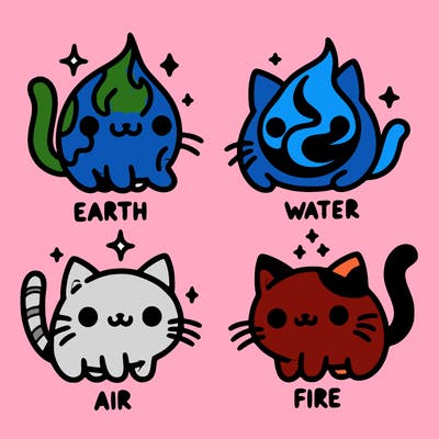 4 cats that represent the different elements, earth, water, air, and fire