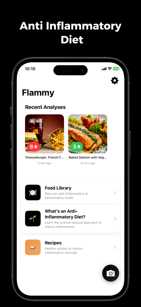 Pantalla de inicio de la aplicación Flammy que muestra el análisis de inflamación de una hamburguesa con queso y salmón con enlaces a la biblioteca de alimentos y recetas.