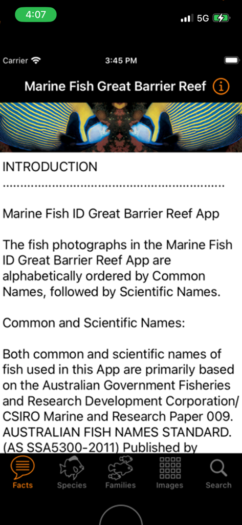 Introduction screen of the Marine Fish Great Barrier Reef app