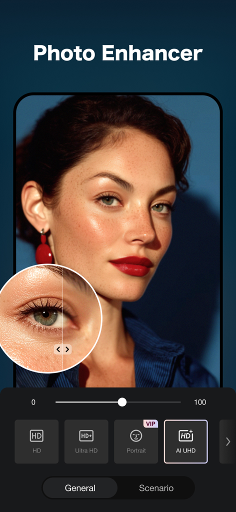 Picsoft AI Photo Editor - Bildschirm der Picsoft KI-Fotobearbeitungs-App, der das KI-Fotoverbesserungs-Tool mit hochauflösenden Porträtbearbeitungsfunktionen zeigt