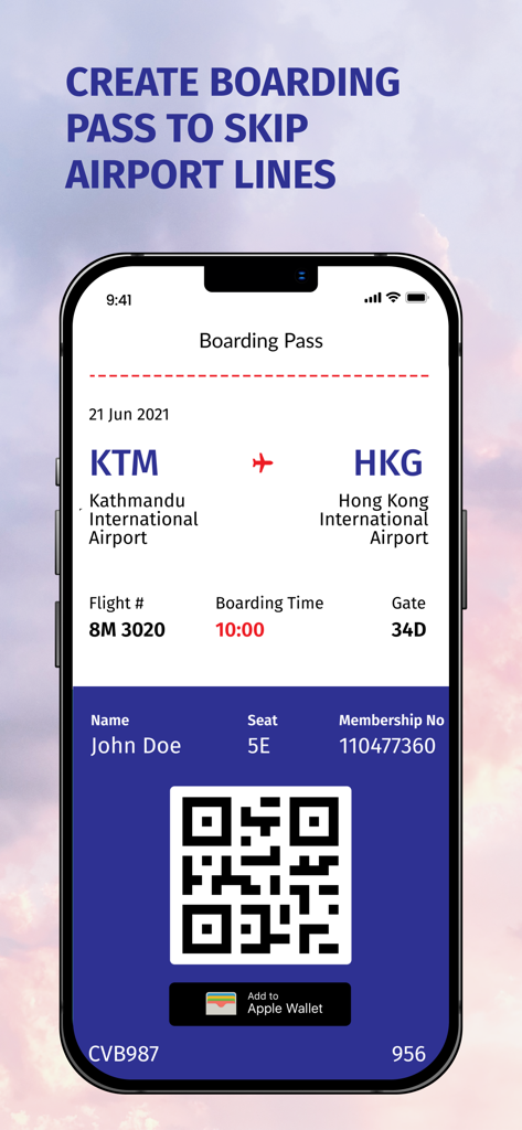 カトマンズから香港へのネパール航空便のデジタル搭乗券をQRコードとともに表示するスマートフォンの画面。