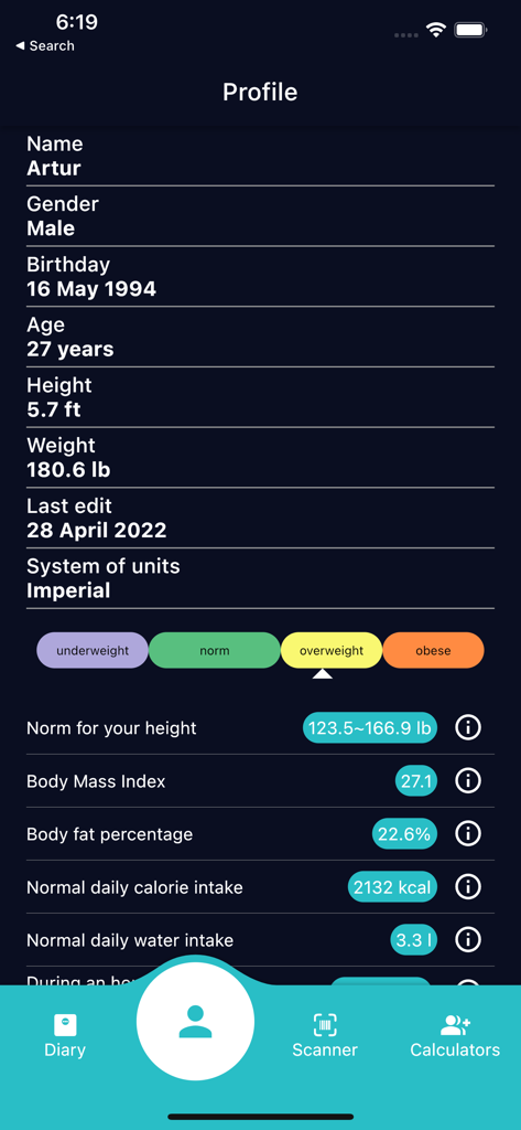 Ideal Weight & BMI Calculator - Profile screen of the Ideal Weight and BMI Calculator app displaying user health data like BMI and daily calorie intake.