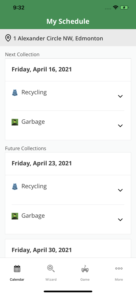 Edmonton Waste Wise - 향후 쓰레기 및 재활용 수거 일자를 보여주는 Edmonton Waste Wise 앱 인터페이스