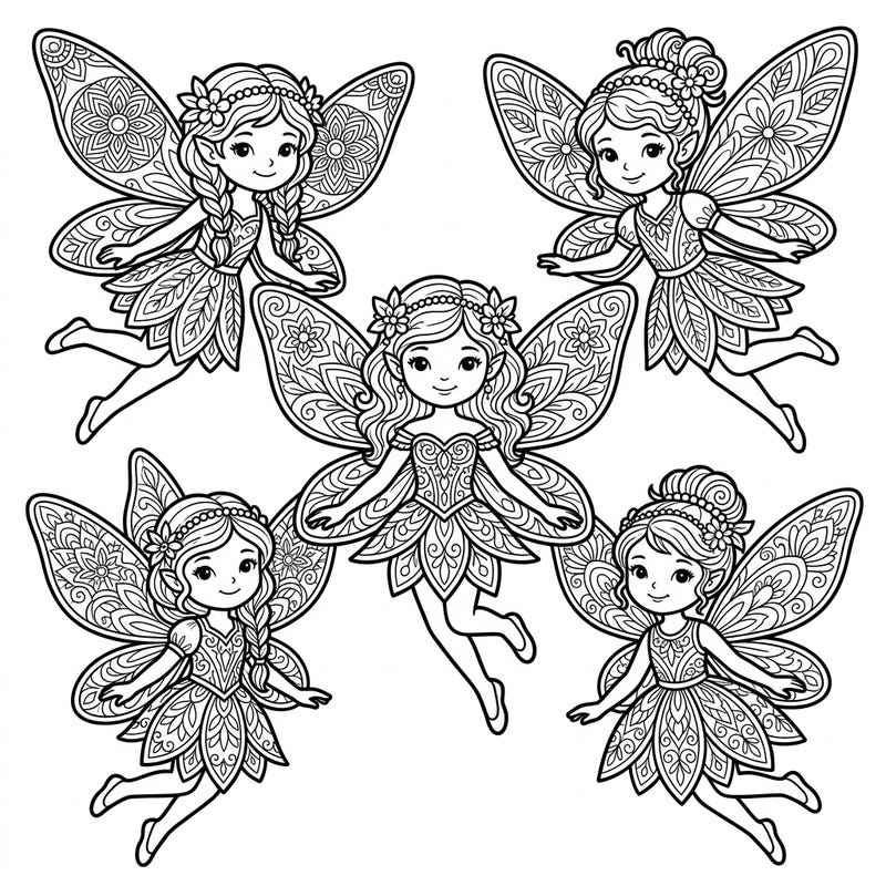 Unleash your child's imagination with these delightful kaleidoscope fairies, designed specifically for young artists. Each fairy features intricate wings and dresses, offering a magical coloring adventure.