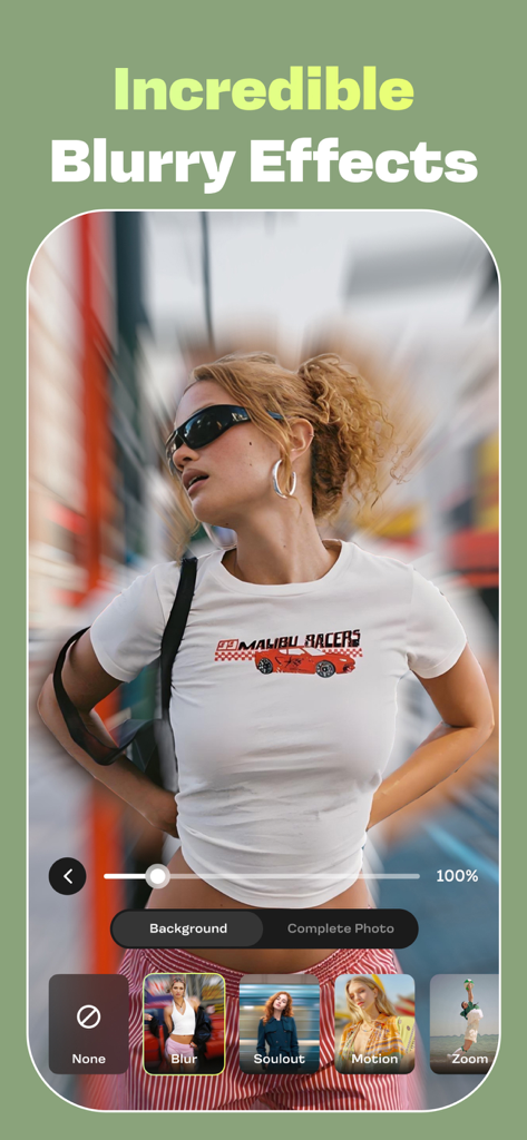 Interface de editor de fotos IA mostrando um efeito de desfoque radial aplicado a um retrato de fundo