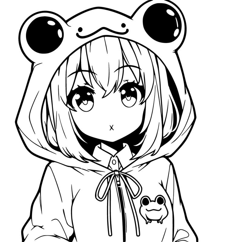 an anime girl wearing a frog hoodie