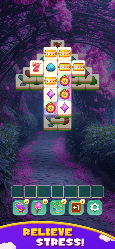 Surprise 3 Tiles - A mahjong-inspired tile matching game screenshot with a relaxing purple garden background and the text Relieve Stress