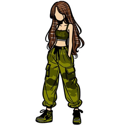 girl in baggy pants crop top and long hair