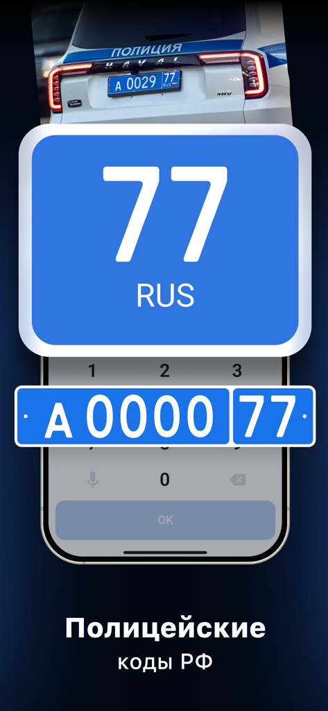 Mobile app interface for identifying Russian police car region codes with a blue license plate example